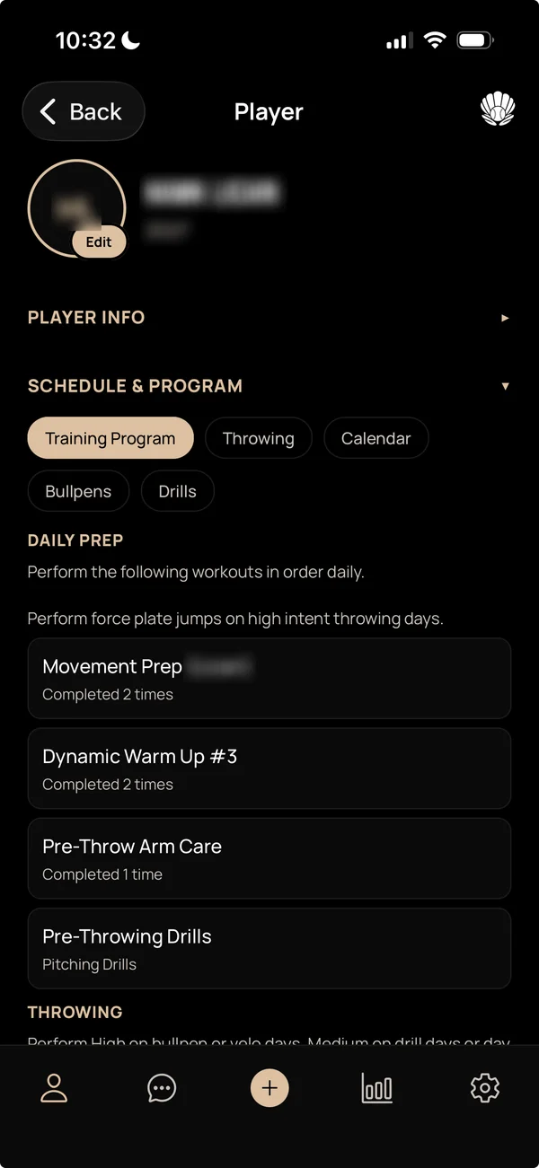 The Pearl app showing a player's training program
